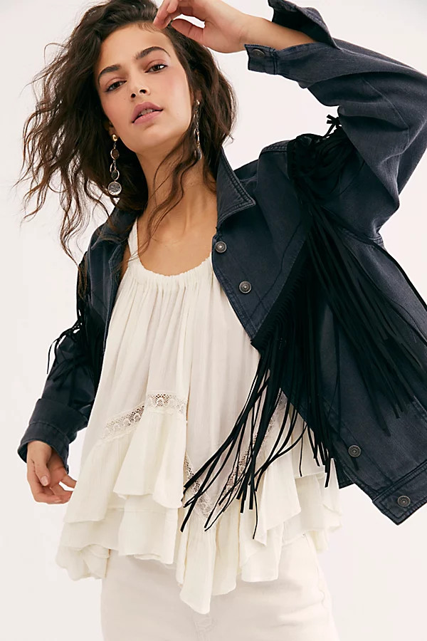 After Hours Fringe Denim Jacket by Free People, Washed Black, S | Free People (Global - UK&FR Excluded)