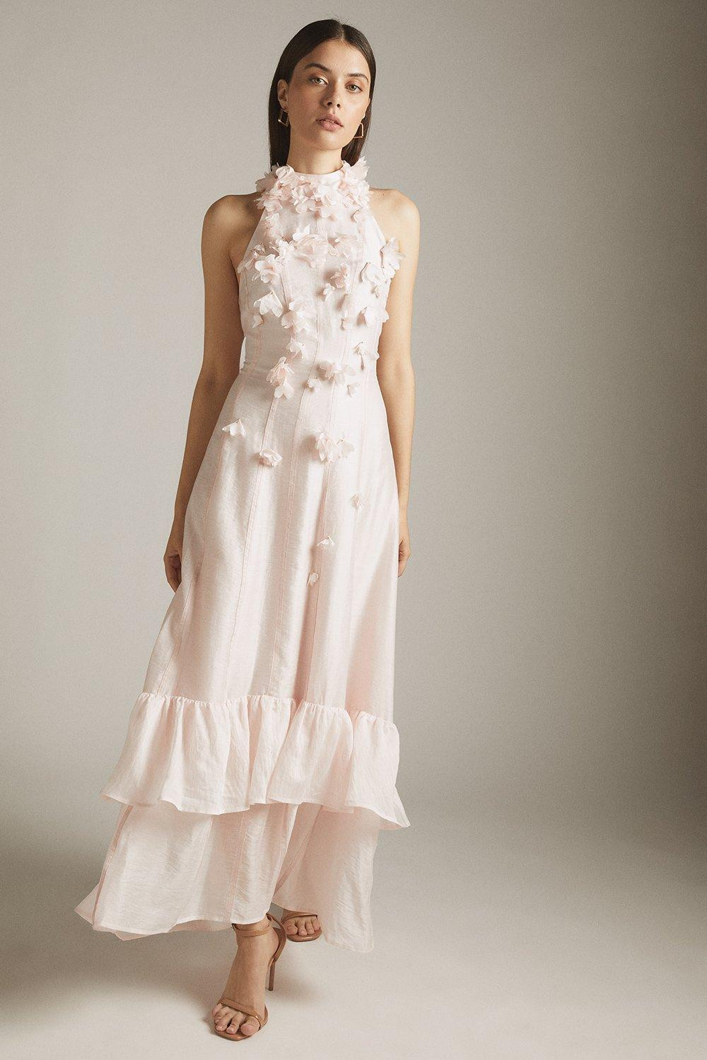 Applique Taped Tiered Woven Halter Maxi | Karen Millen US