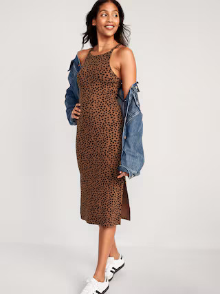 Fitted Leopard-Print Sleeveless Rib-Knit Midi Dress for Women | Old Navy (US)