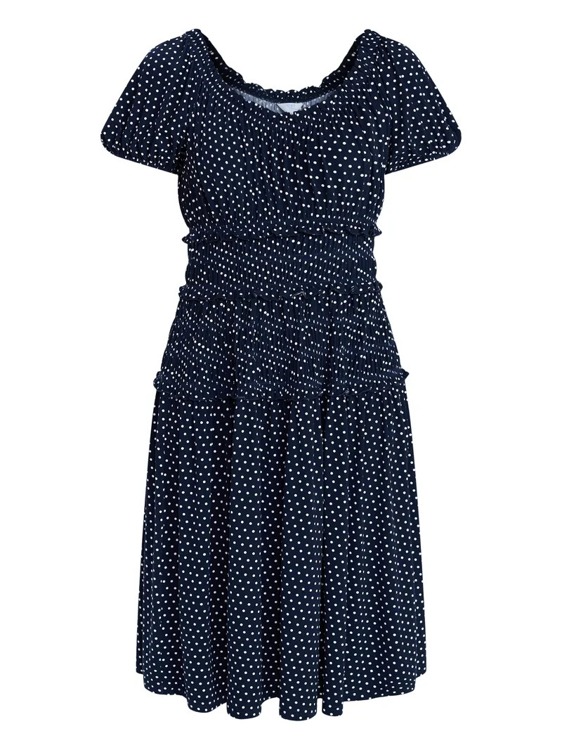 Time and Tru Women's Smocked Midi Dress with Short Puff Sleeves, Sizes XS-XXXL | Walmart (US)