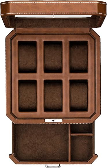 6 Slot Leather Watch Box with Valet Drawer for Men - Luxury Watch Case Display Organizer, Microsu... | Amazon (US)
