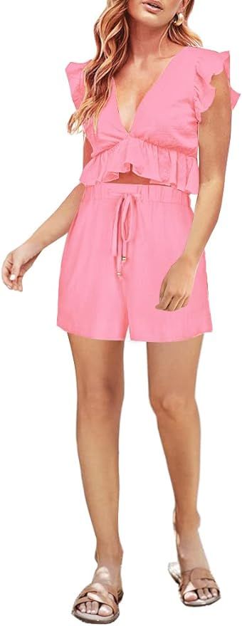 FANCYINN Womens Two Pieces Vacation Outfits Deep V Neck Ruffles Crop Top Drawstring Shorts Set | Amazon (US)