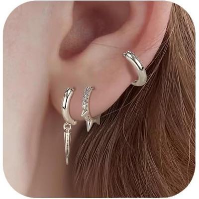3 Pairs Hoop Earrings Set: Dainty Chain & Spike Designs in Gold/Silver for Multiple Piercings Gold One Size | Target