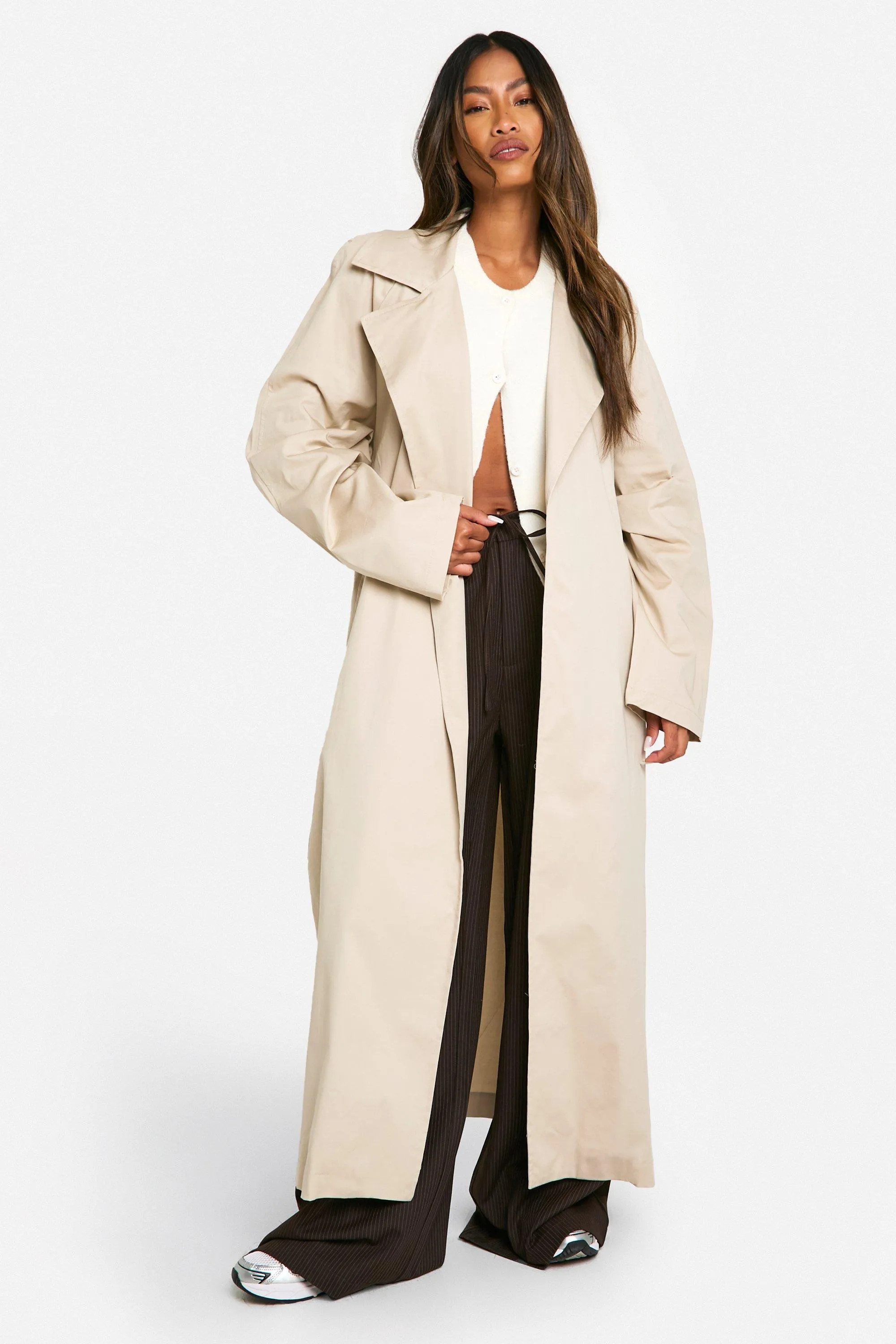 Jackets & Coats | Shoulder Pad Maxi Belted Trench Coat | boohoo | boohoo (US & Canada)