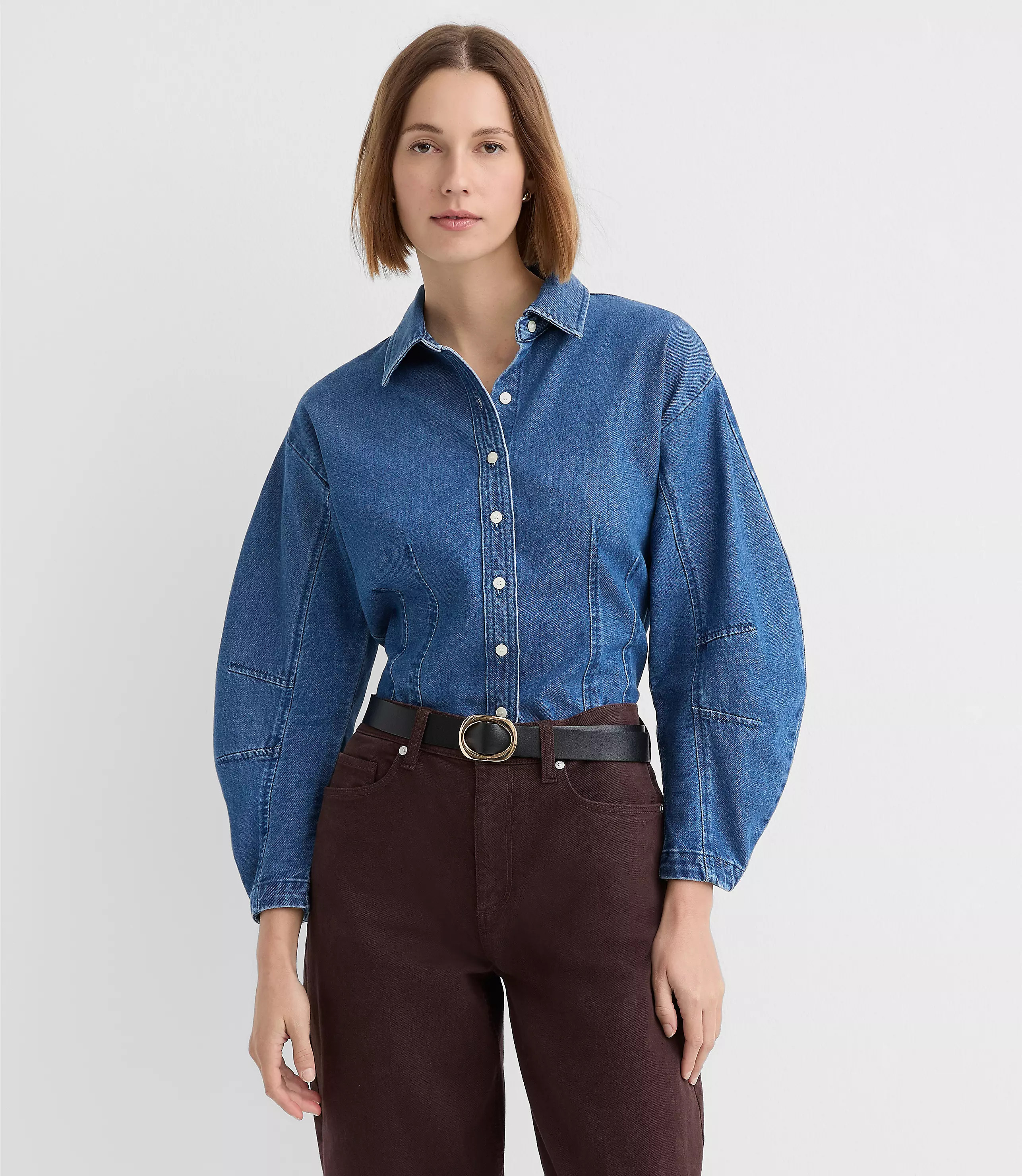 Barrel Sleeve Denim Shirt in Classic Mid Wash | LOFT