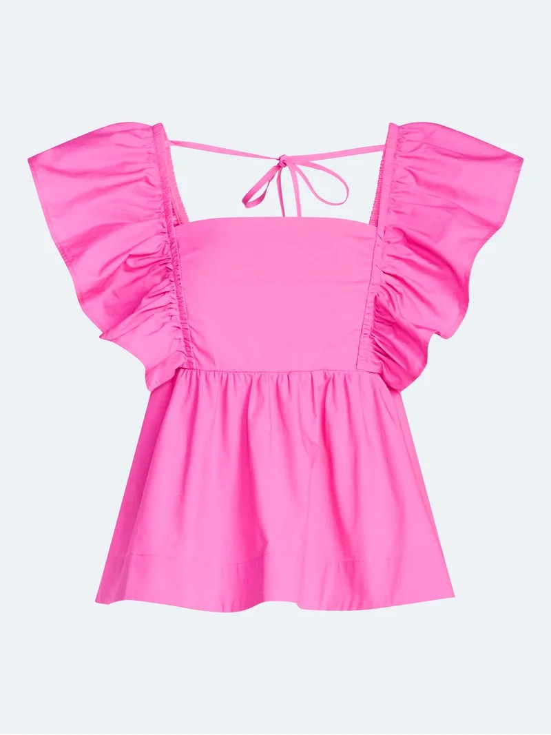 Free Assembly Women's Square Neck Cotton Top with Flutter Sleeves, Sizes XS-XXL | Walmart (US)
