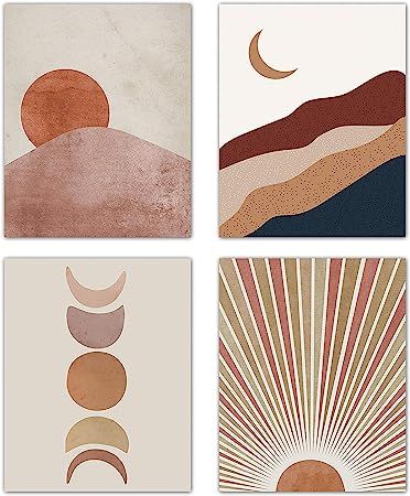 Sunset Sunrise Landscape Art Prints Modern Mid Century Geometric Decor Boho Sun and Moon Wall Art... | Amazon (US)