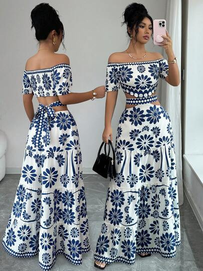 Elenzga Women's Floral Print Off-Shoulder Short Sleeve Hollow Waist Fashion Dress | SHEIN