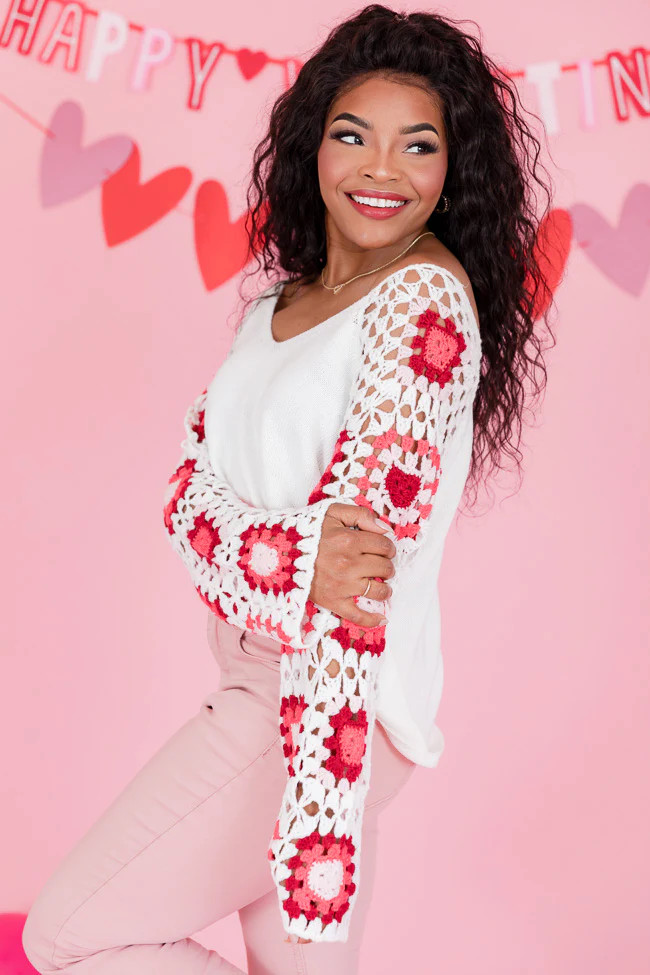 Hello Lover Pink And Ivory Crochet Heart Sleeve Sweater | Pink Lily
