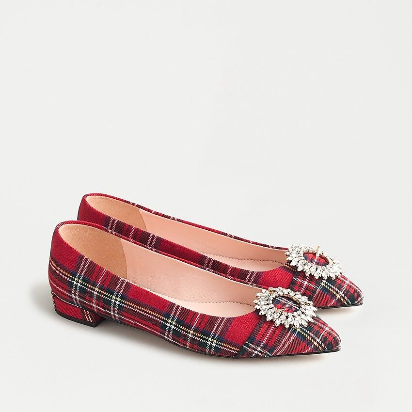 Pointed-toe flat in red Stewart tartan with crystal buckle detail | J.Crew US