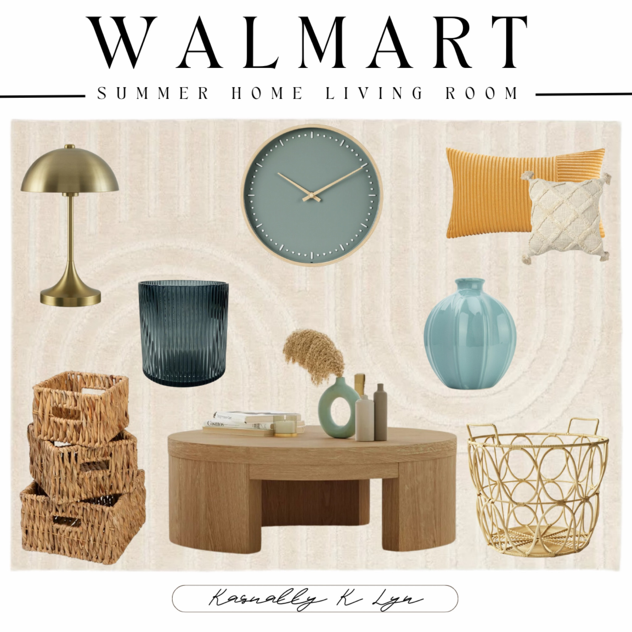 Walmart Summer Home Living Room!! outdoor waterproof throw pillow. better homes & gardens ivory indoor rug. solid blue ceramic vase. modern dome touch on/off table lamp. glass pillar candle holder. round indoor green analog wall clock. 3 square nesting wicker basket with handle set. modern round coffee table with a warm honey finish by drew barrymore. tufted trellis natural decorative square throw pillow. large gold poly rattan open weave storage basket with handle.

#LTKU #LTKHome #LTKSeasonal
