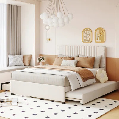 Beige Upholstered Platform Bed With 2 Storage Boxes And Trundle, Classic Headboard, Strong & Plywood, Expand In Bedroom, Easy To Assemble Full Size Be | Wayfair North America