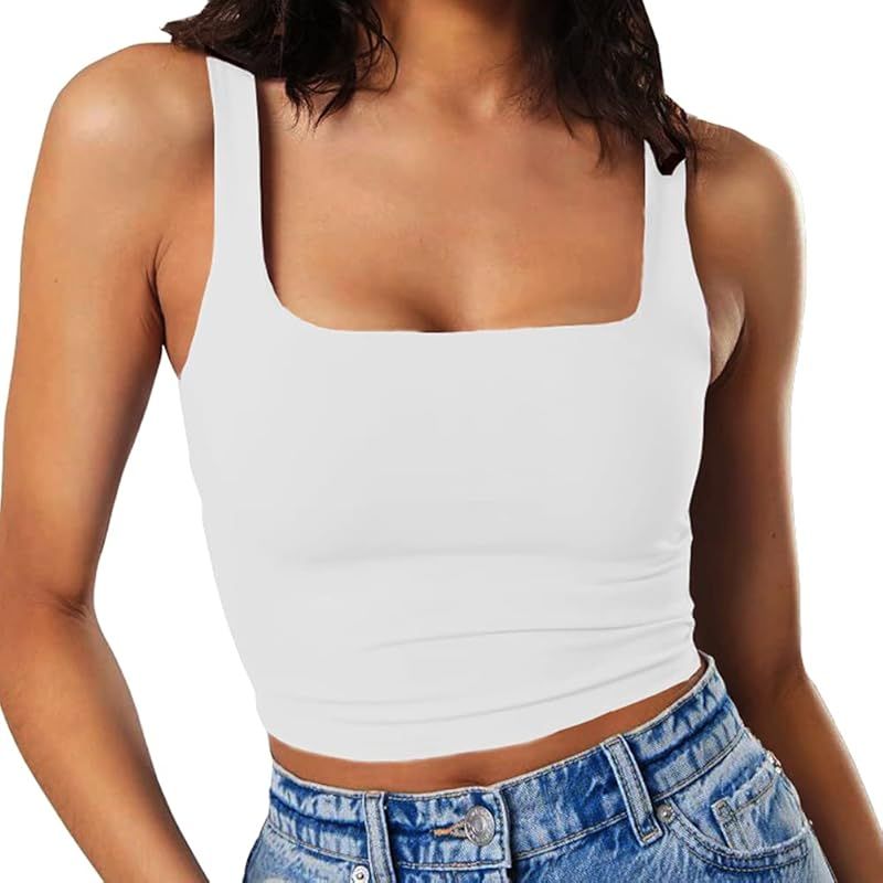 Women's Sleeveless Strappy Tank Square Neck Double Layer Workout Fitness Casual Basic Crop Tops | Amazon (US)
