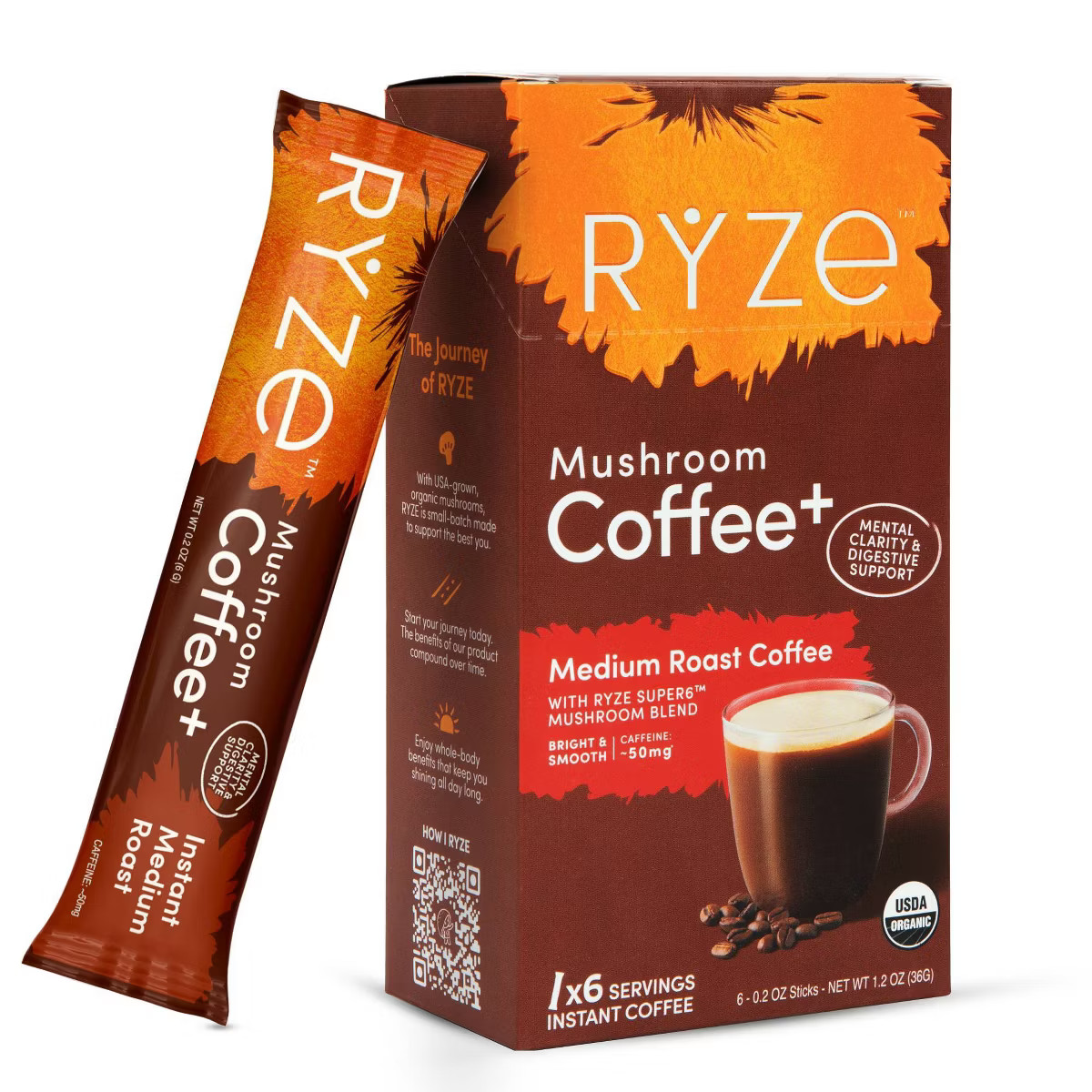 RYZE Organic Medium Roast Mushroom Coffee Sticks - 1.2oz/6ct | Target