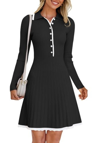 MEROKEETY Women's Long Sleeve V Neck Sweater Dress 2025 Fall Button Knit Pleated Mini Work Dresses, Black, Large | Amazon (US)