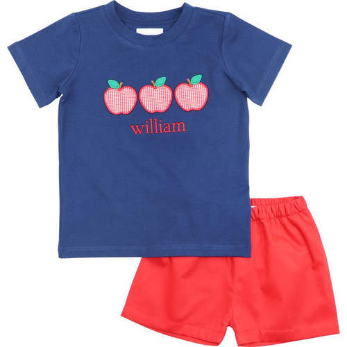 Navy And Red Applique Apple Short Set | Cecil and Lou