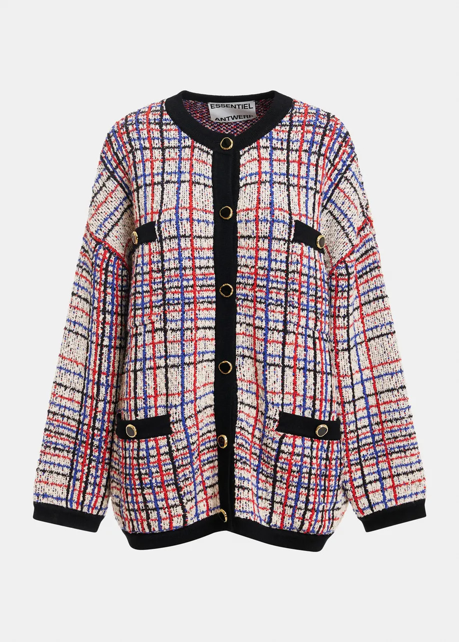 Off-white, blue and red checked knit cardigan with black contrasting trims | Essentiel Antwerp Un... | Essentiel Antwerp