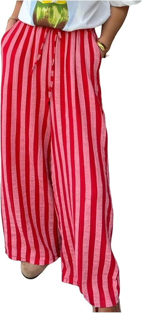 Verdusa Women's Striped Baggy Pants Wide Leg Pants Drawstring Beach Trousers with Pockets | Amazon (US)