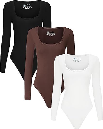 Chongbaijia 3 Piece Women's Square Neck Long Sleeve T shirts Tops Bodysuit Jumpsuit | Amazon (US)