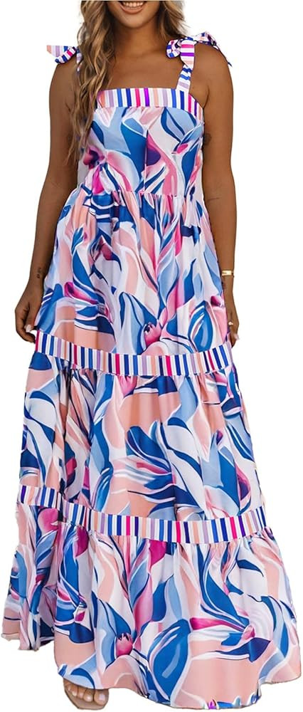 AlvaQ Women's 2025 Summer Sleeveless Floral Print Maxi Dress Strap Square Neck Beach Sun Dress | Amazon (US)