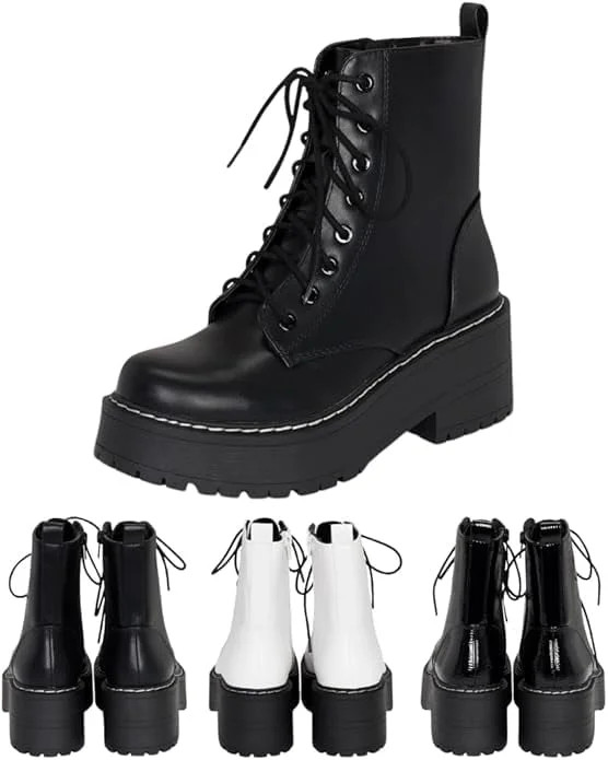 Chariot & Co Pure Women's Chunky Lug Sole Combat Ankle Lace-Up Fashion Boots, Black, 6 | Walmart (US)