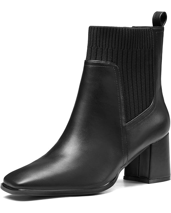 Coutgo Women's Slip On Ankle Boots Chunky Block Heel Square Toe Splicing Dress Sock Booties | Amazon (US)