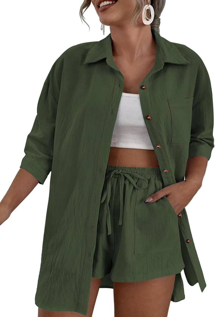 IN'VOLAND Women's Plus Size 2 Piece Outfit Sets Cotton Linen Shirt and Drawstring Shorts Set Summ... | Amazon (US)