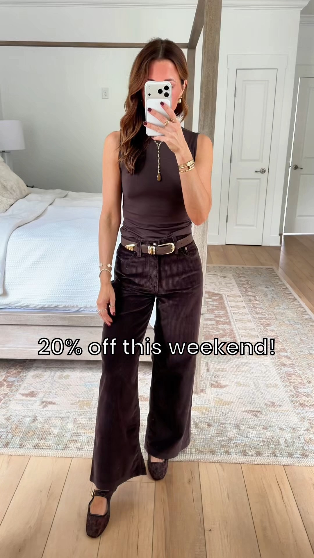 New wide leg corduroy pants in 24 short. Size down if in-between because they run a little big IMO. Bra free top in XXS. Fall outfit. Fall style. Casual outfit. Elevated casual outfit.