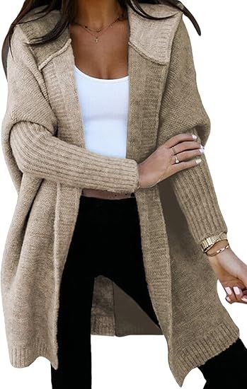 Astylish Women 2024 Open Front Long Sleeve Hooded Knit Cardigan Sweaters Color Block Outwear Coat | Amazon (US)