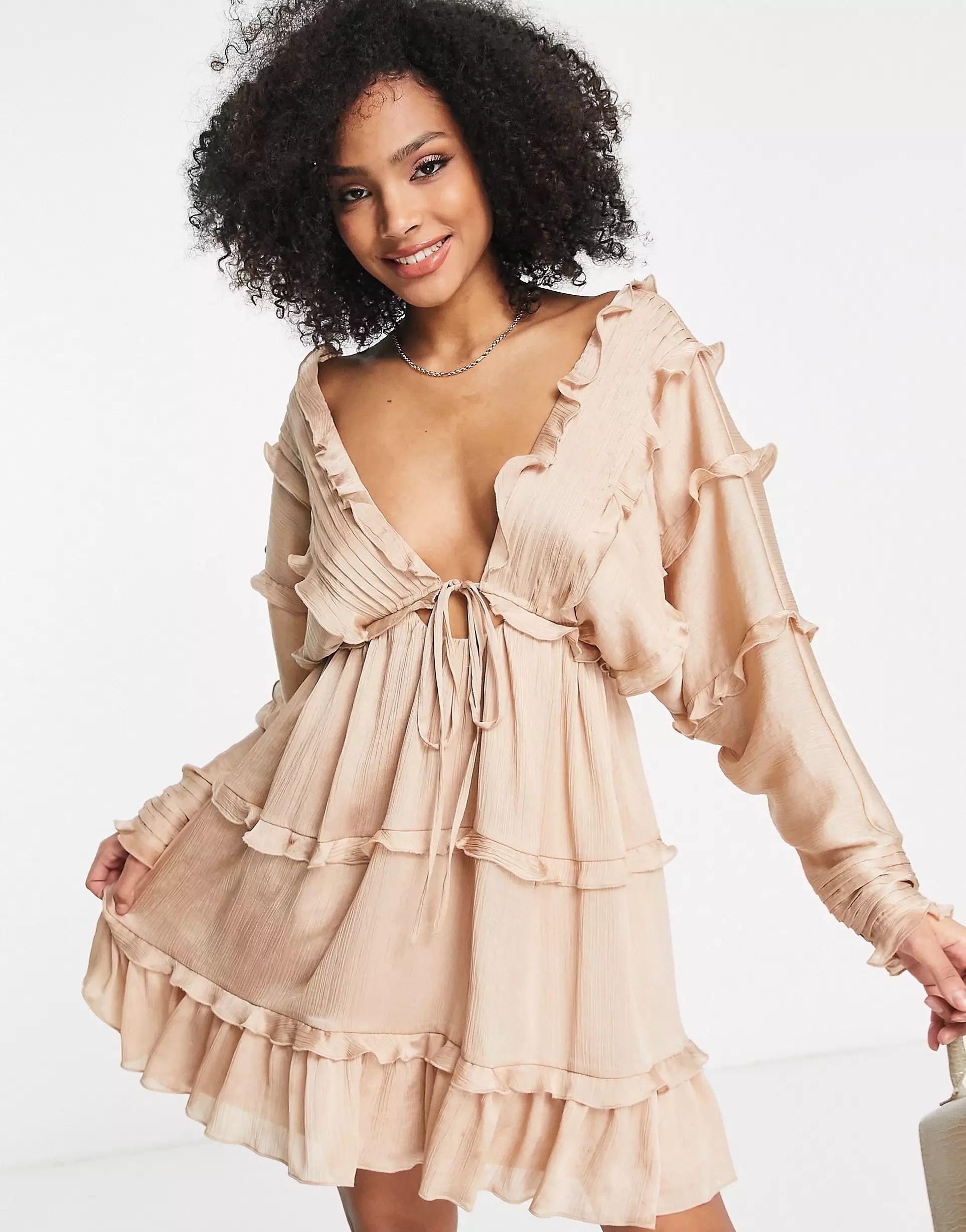 ASOS DESIGN tiered soft mini dress with pleated panels and tie front in blush | ASOS (Global)