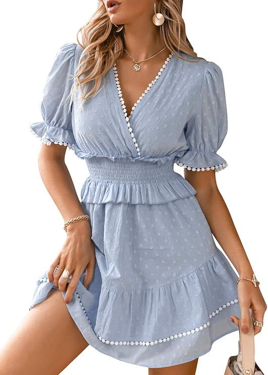 Simplee Women Sexy Deep V-Neck Short Sleeve Striped Print Mini A Line Dress | Amazon (US)