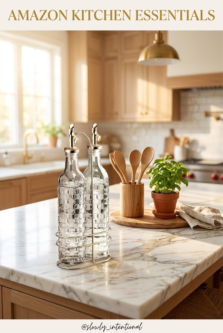 New fines from Amazon for the kitchen that are not also good looking but functional. Amazon kitchen essentials, Glass oil dispenser set, kitchen accessories, Kitchen counter decor, Aesthetic kitchen organization, Neutral kitchen styling, Modern organic home decor, Amazon home finds, budget kitchen finds

#LTKHome