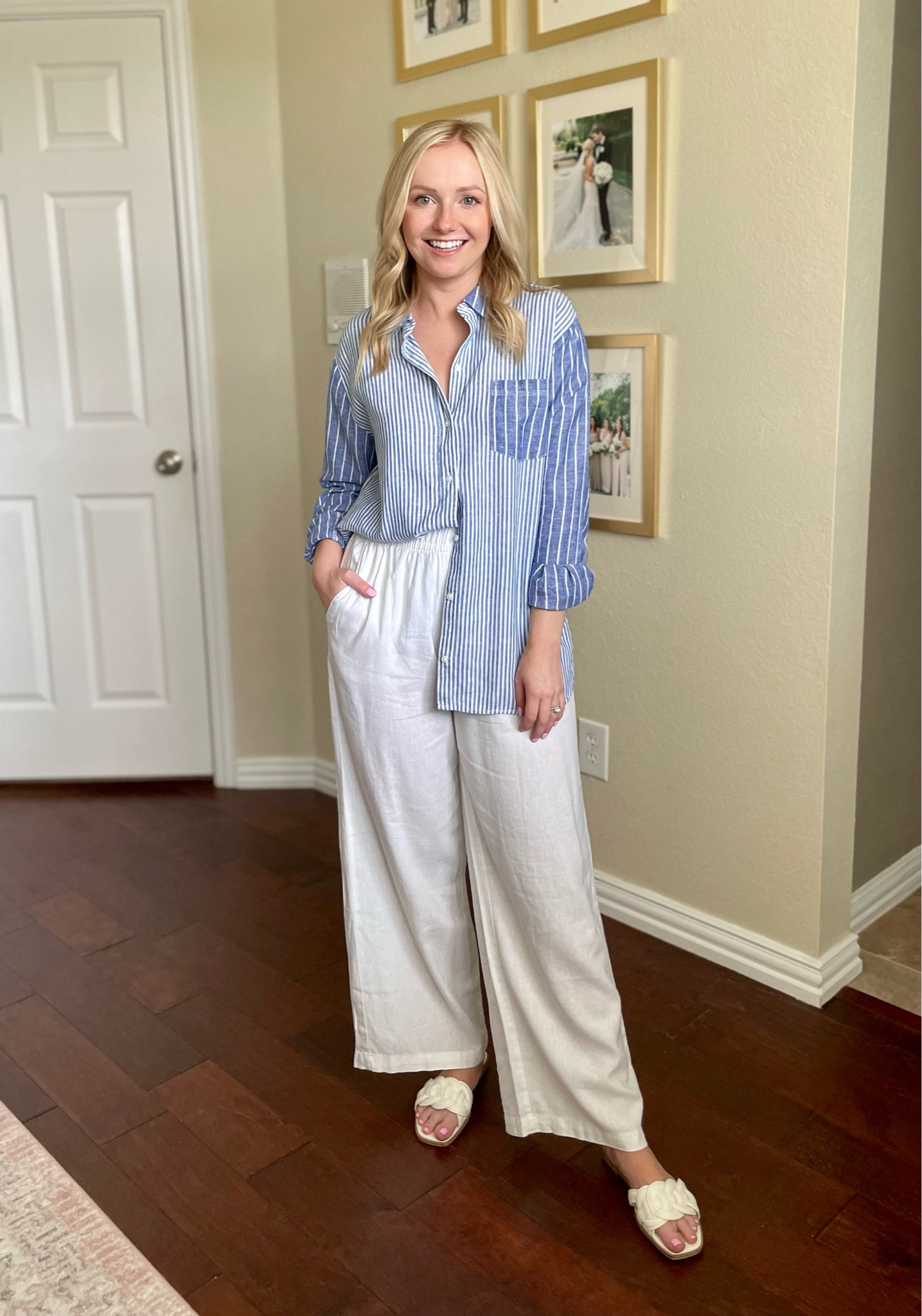 Wearing an XS in both top and pants | linen pants, white pants, linen top, linen button up, button up, striped button up, striped top, coastal style, coastal outfit, beach outfit 

#LTKSeasonal #LTKstyletip #LTKFind