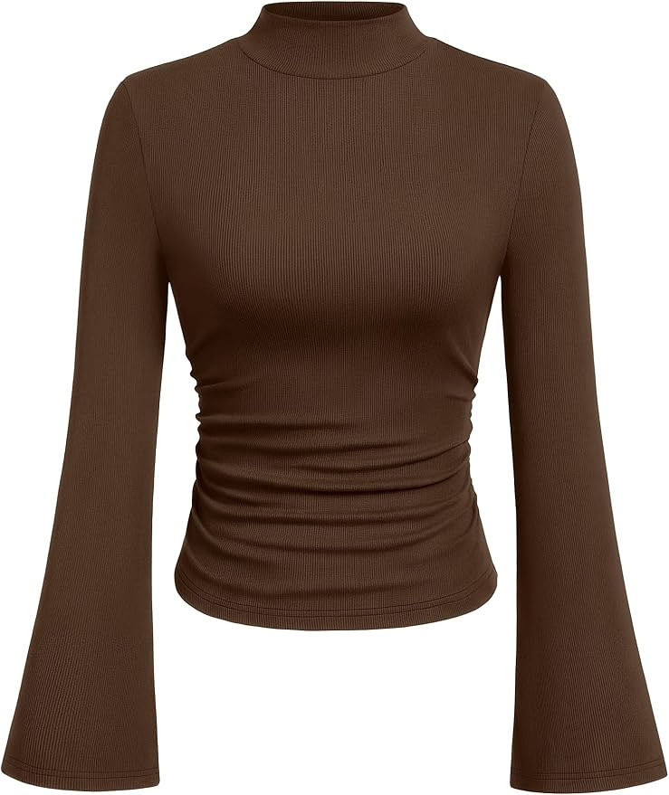 PRETTYGARDEN Womens Long Bell Sleeve Mock Neck Ribbed Tops | Soft Flare Sleeve Ruched Waist Slim ... | Amazon (US)