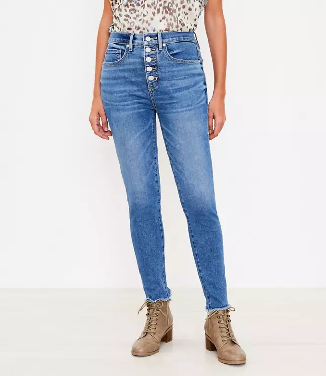 Curvy Chewed Hem Button Front High Rise Skinny Jeans in Authentic Indigo | LOFT