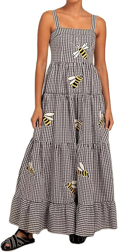 Women Embroidered Maxi Dress Sleeveless Smocked Flowy Sundress Boho Summer Long Dresses Beach Voc... | Amazon (US)