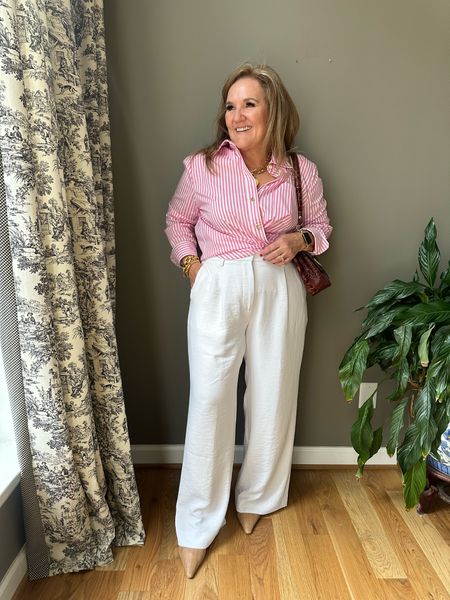 Summer office outfit 

White Abercrombie trousers are just so good. Not see through. Feel just luxe. Wearing size 12 reg 

Blouse is absolute but is it’s a beautiful poplin with gold buttons. Wearing an XL. I’ll link similar  

#LTKover40 #LTKworkwear #LTKmidsize