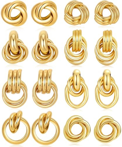 Tornito 8 Pairs Gold Knot Earrings for Women Chunky Statement Long Link Drop Dangle Earrings Geometric Twisted Stud Earrings Jewelry Set | Amazon (US)