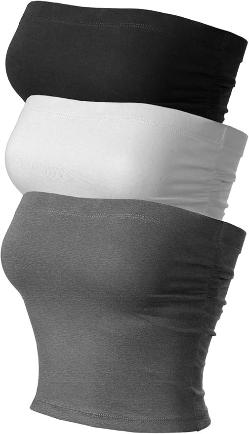 MixMatchy Women's 3 Pack Solid Casual Summer Ruched Side Backless Double Layered Tube Top with Bu... | Amazon (US)