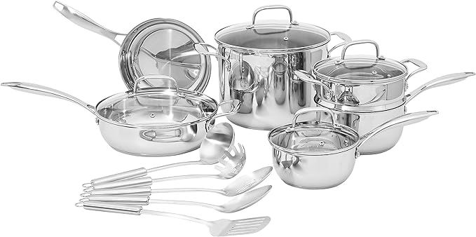 Amazon Basics Stainless Steel 15-Piece Cookware Set - Pots, Pans and Utensils | Amazon (US)
