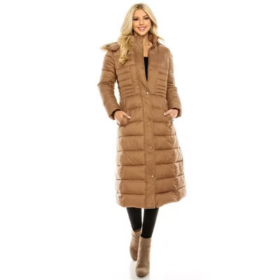 Haute Edition Women's Maxi Length Quilted Puffer with Fur Lined Hood BROWN X Large | Target