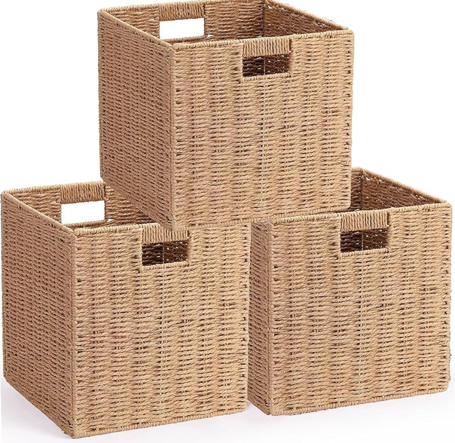 3Pcs Woven Shelf Baskets, 10.5'' Paper Rope Handmade Open Storage Bins, Light Brown Pantry Basket... | Amazon (US)