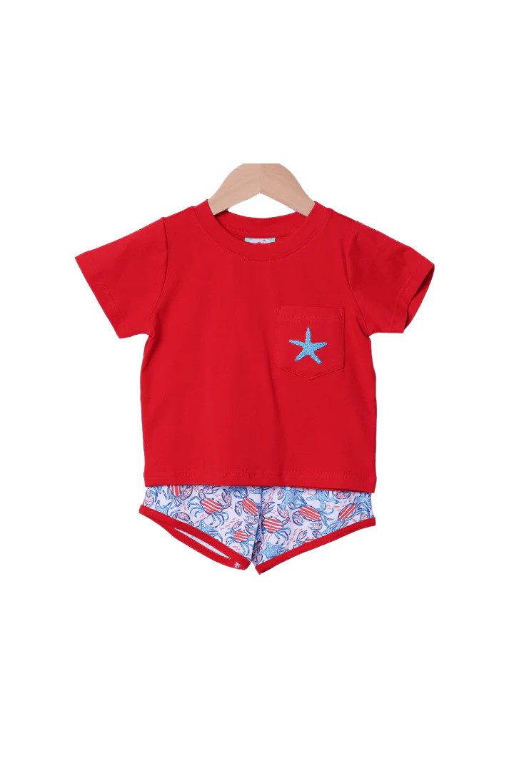 French Knot Starfish and Crab Red and Blue Short Set | The Smocked Flamingo