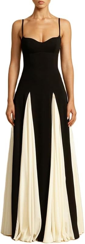 NUFIWI Elegant Sleeveless Color Block Pleated Maxi Dress Low Cut Patchwork Swing Dress High Waist... | Amazon (US)
