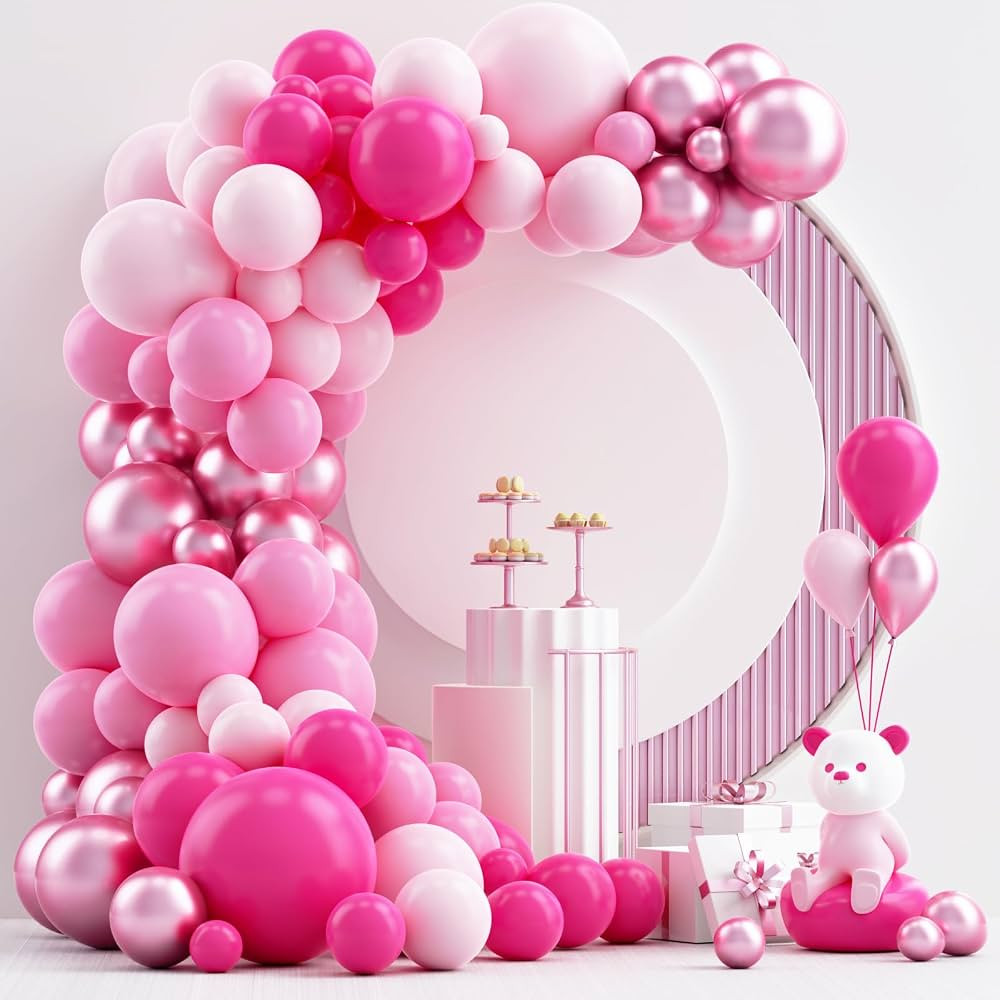 NISOCY Pink Balloons Garland Arch Kit, 18In 12In 10In 5In Different Size 124pcs Hot Pink Metallic... | Amazon (US)