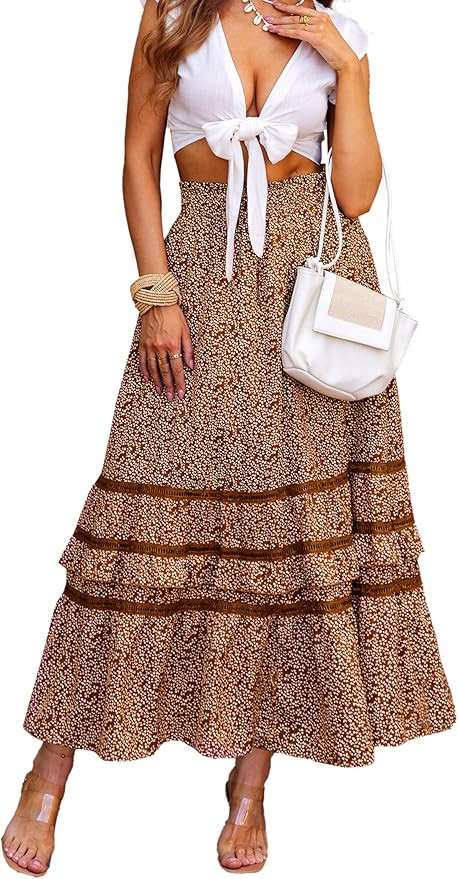 Zeagoo Women's Midi Skirts Boho High Waist A Line Casual Maxi Work Skirt Summer | Amazon (US)