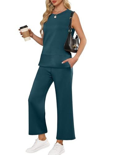 ANRABESS Women's 2 Piece Sets Summer Travel Airplane Outfits Sleeveless Wide Leg Casual Lounge Matching Sweat Set Sweatsuits Lake Green Large | Amazon (US)