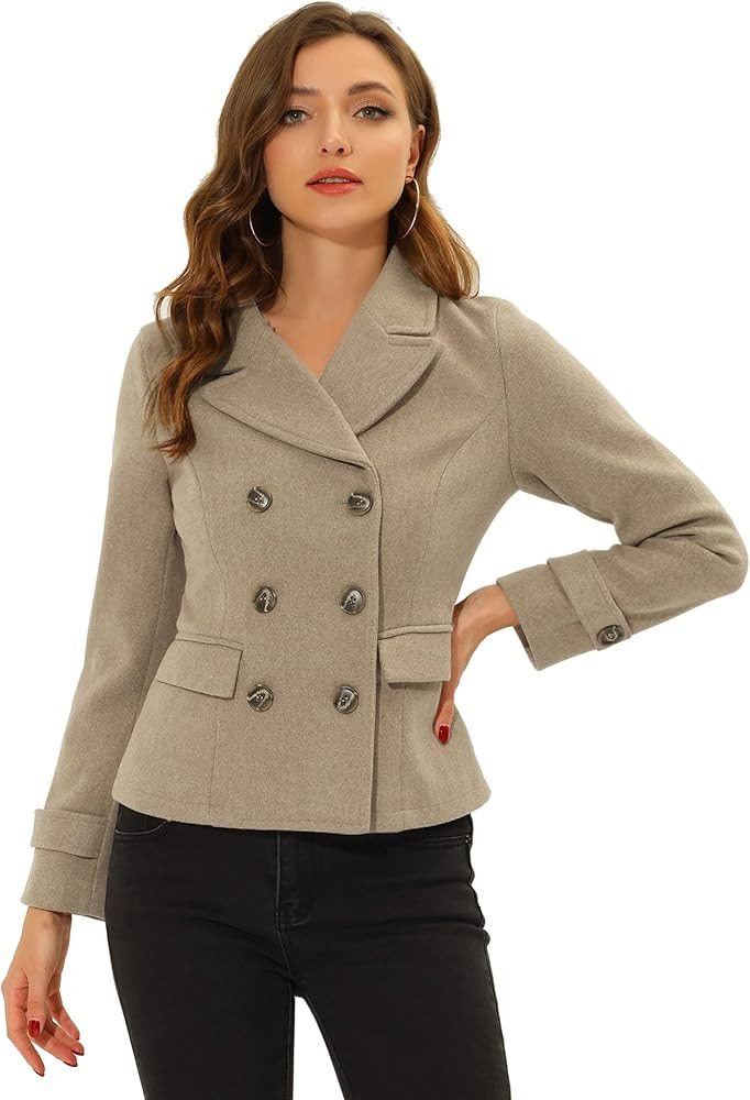 Allegra K Women's Notched Lapel Double Breasted Pea Coat | Amazon (US)