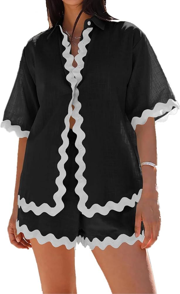 Misng Womens 2024 Summer 2 Piece Matching set Summer Beach Outfits Long Sleeve Oversized Shirts A... | Amazon (US)