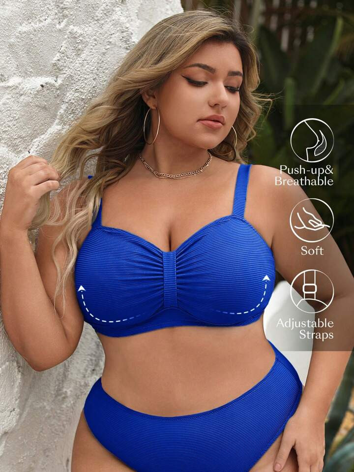 SHEIN Swim Chicsea Plus Size Plain Pleated Swimwear Top, Simple And Casual For Holiday Outfits,Su... | SHEIN